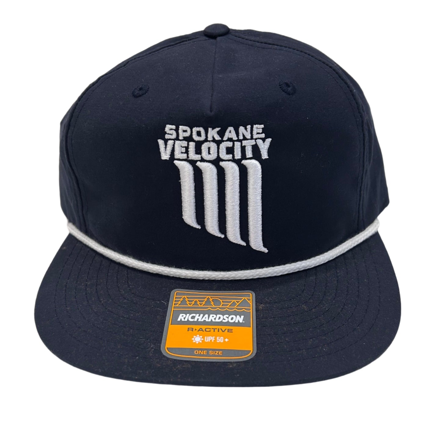 Navy blue cap with 'Spokane Velocity' logo on a white surface