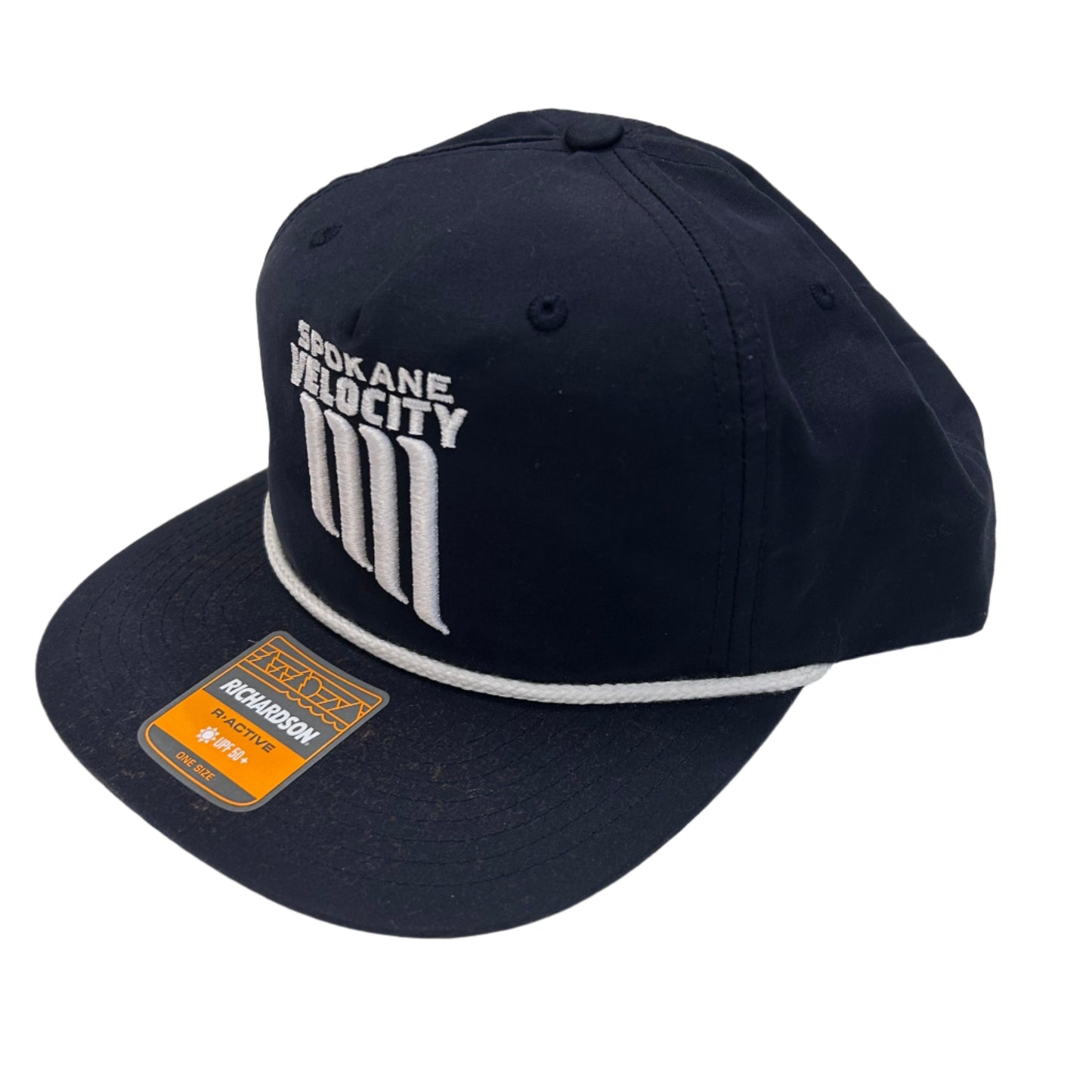 Navy blue cap with a white embroidered Spokane Velocity crest on a white surface