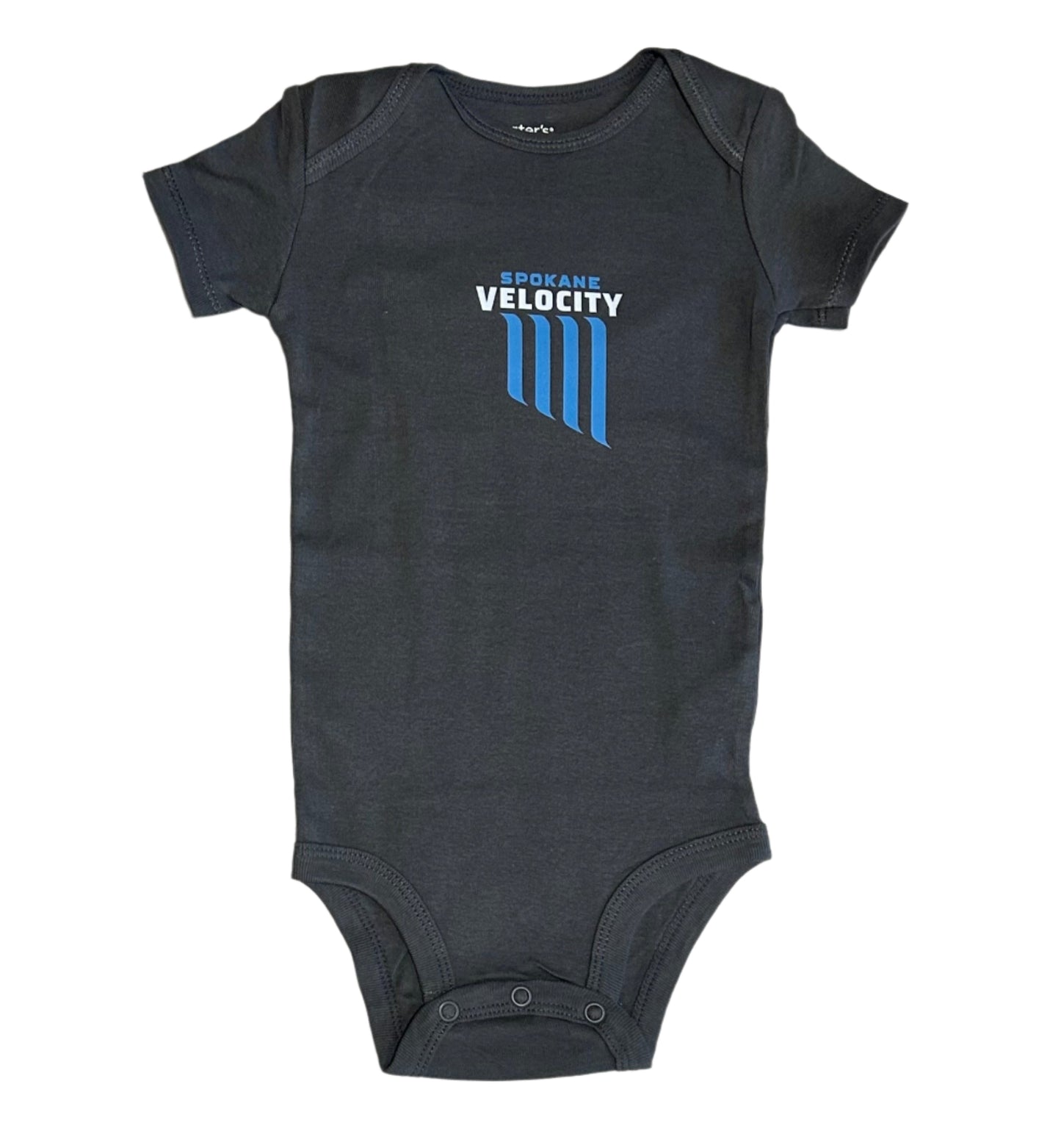 Dark gray baby onesie with Spokane Velocity logo on a white background