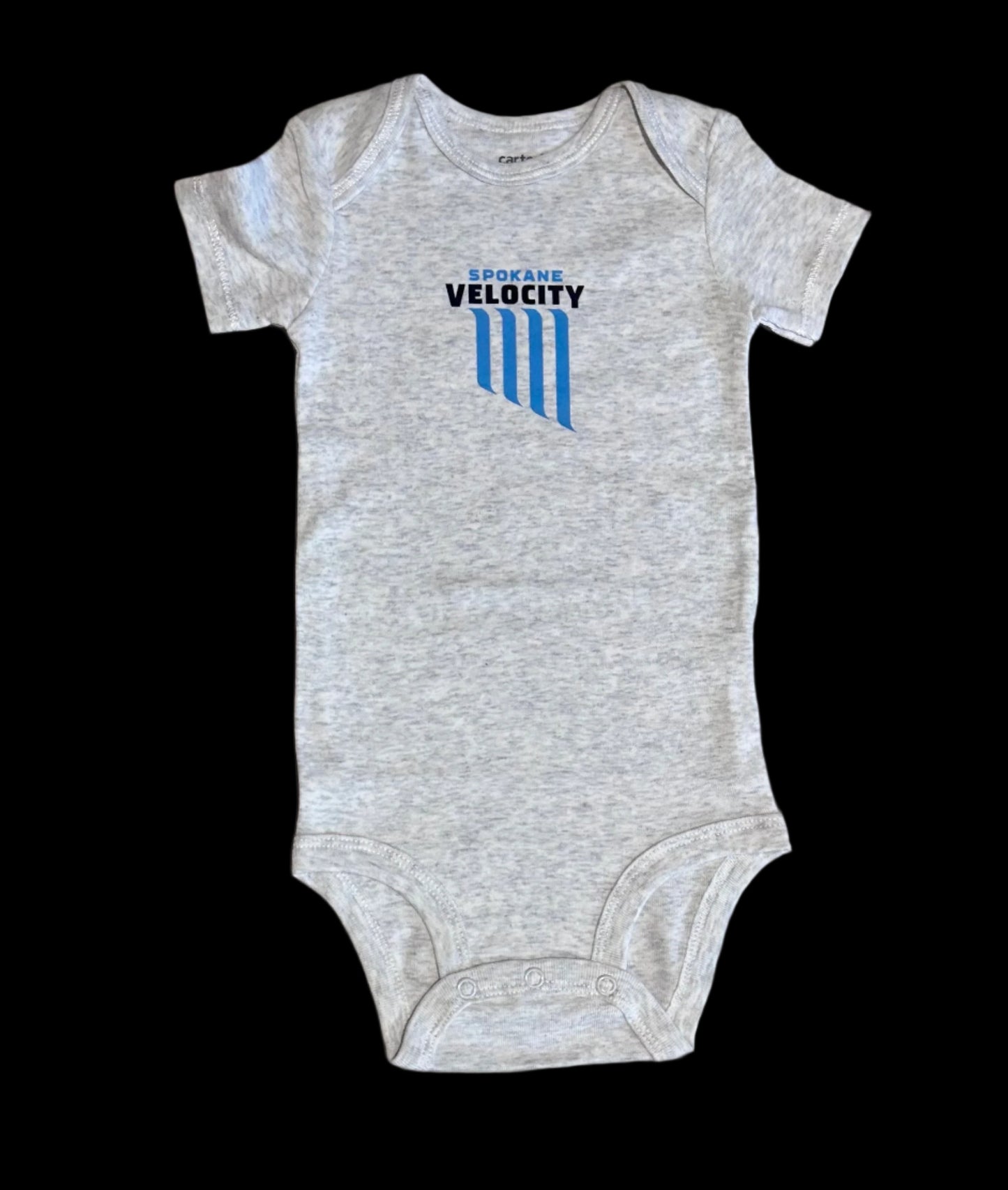 Oatmeal heathered baby onesie with Spokane Velocity logo