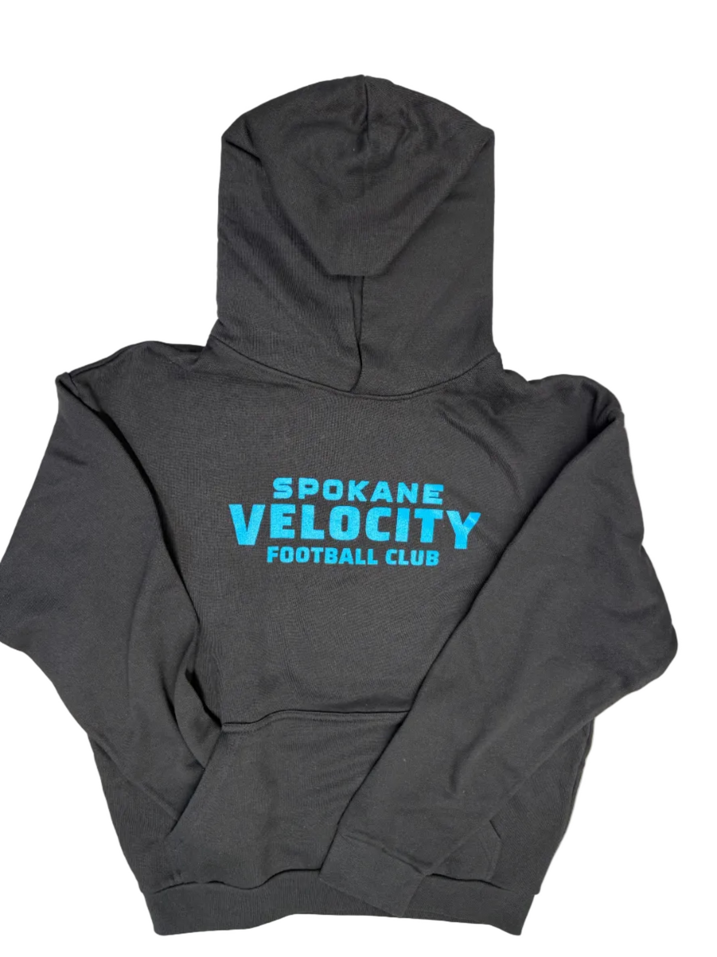 Black sweatshirt with blue text on a white background