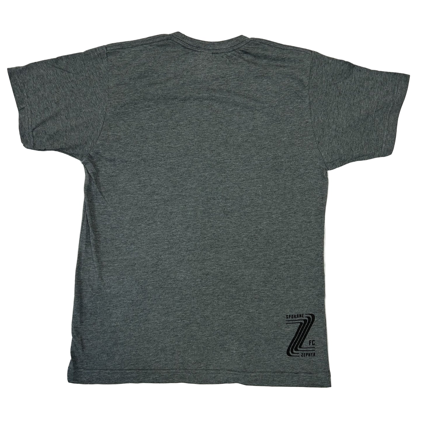 Gray t-shirt with a Zephyr FC Z logo on the back, laid flat on a white surface
