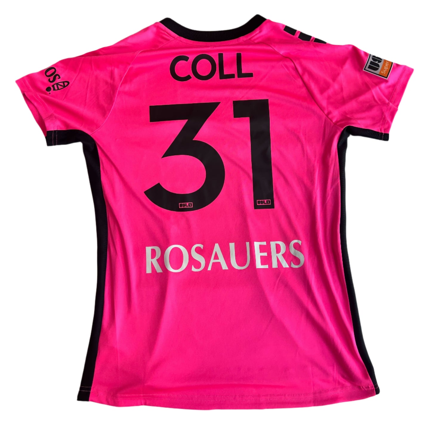 Pink sports jersey with 'COLL 31 ROSAUERS' printed on a white surface