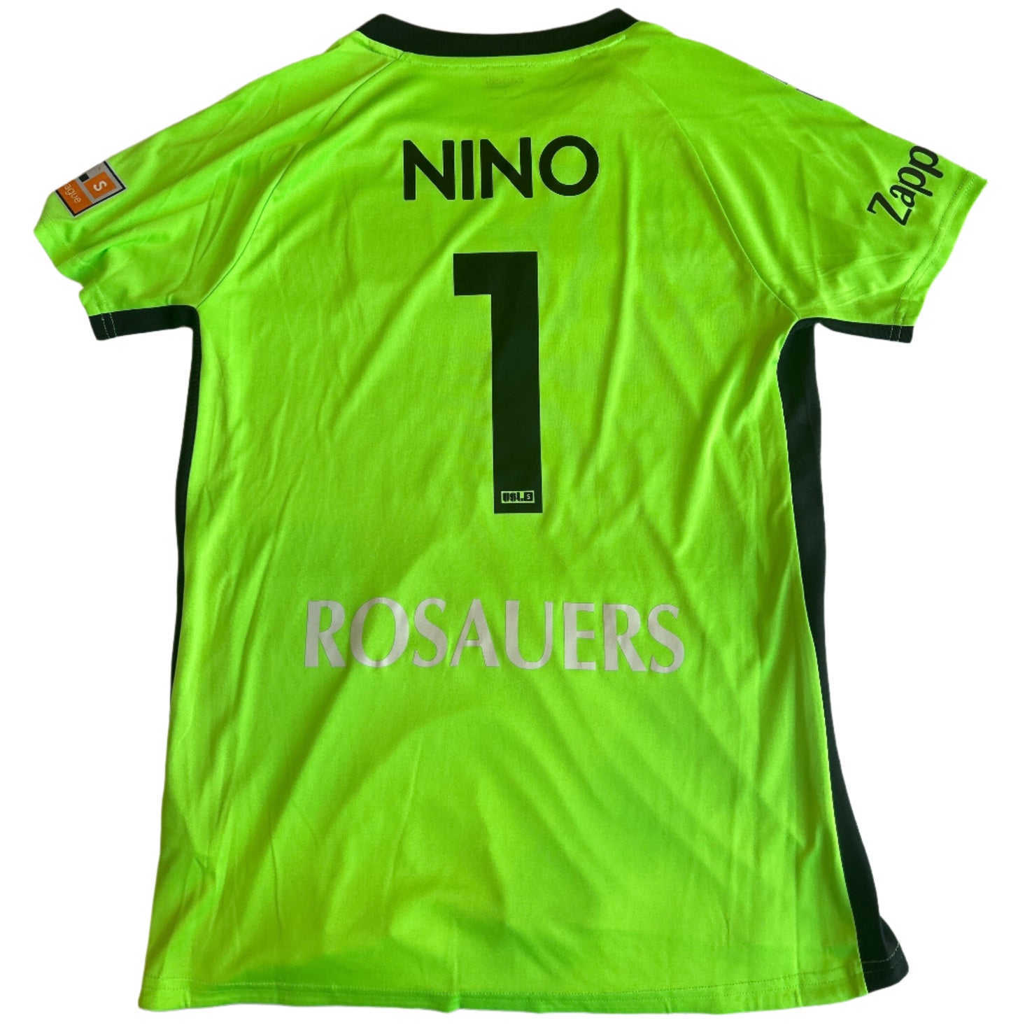 Bright green sports jersey with 'NINO' and number '1' on a white background