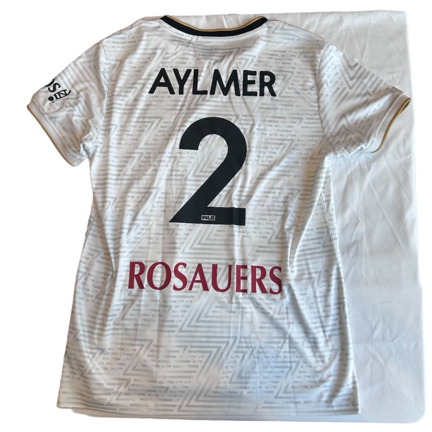 White sports jersey with 'AYLMER' and '2' printed on it, displayed on a white surface.