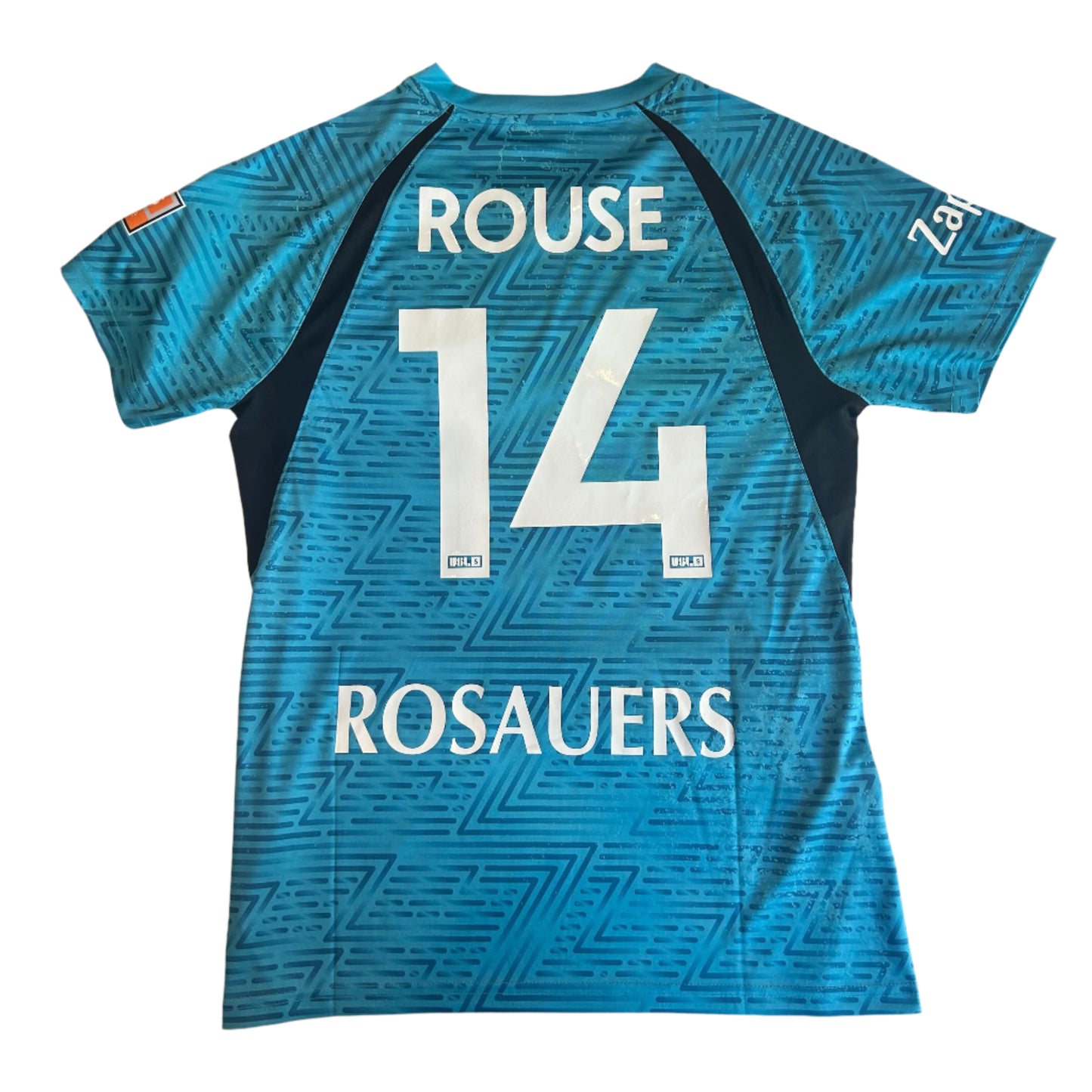 Blue sports jersey with 'ROUSE 14' and 'ROSAUERS' printed on it, laid flat on a white surface.