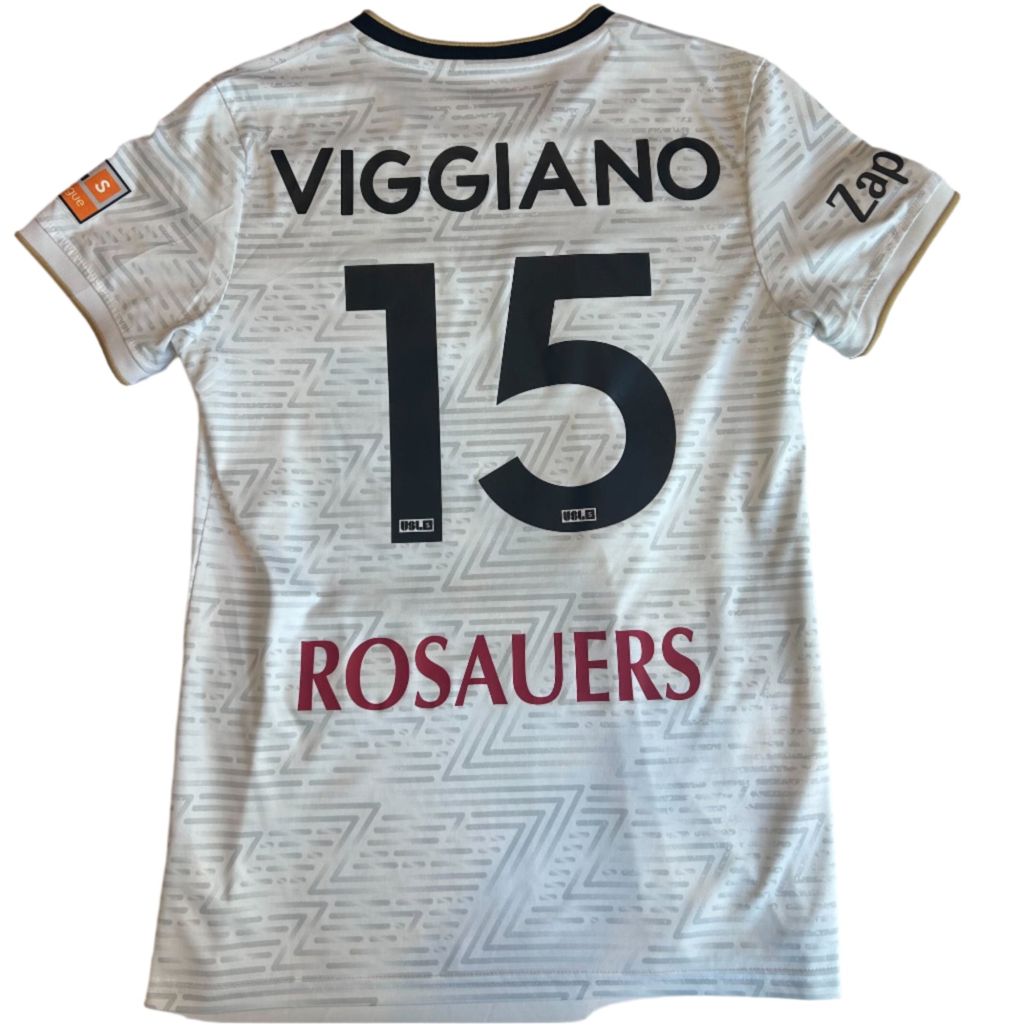 White sports jersey with 'Viggiano' and number '15', displayed on a white surface.