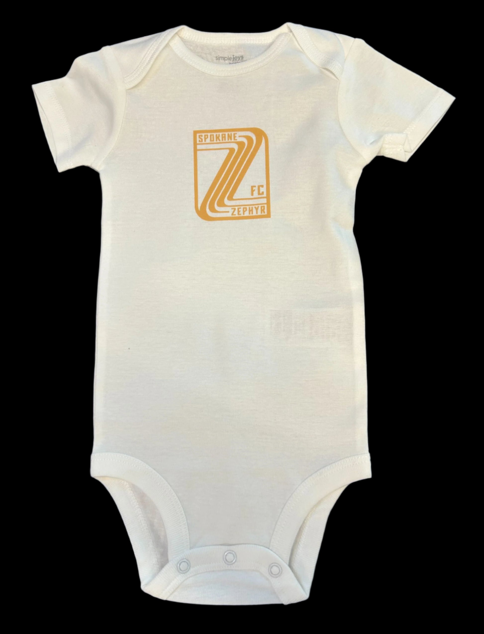 White baby onesie with a gold Zephyr crest