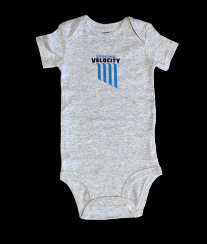 Oatmeal heathered baby onesie with Spokane Velocity logo 