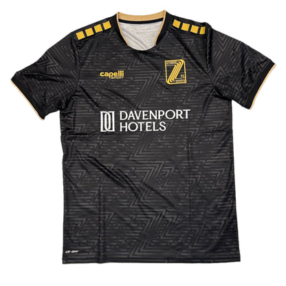 Black soccer jersey with a repeating "Z" gradient pattern, 'Davenport Hotels' logo, Spokane Zephyr "Z" crest, and capelli sport logo