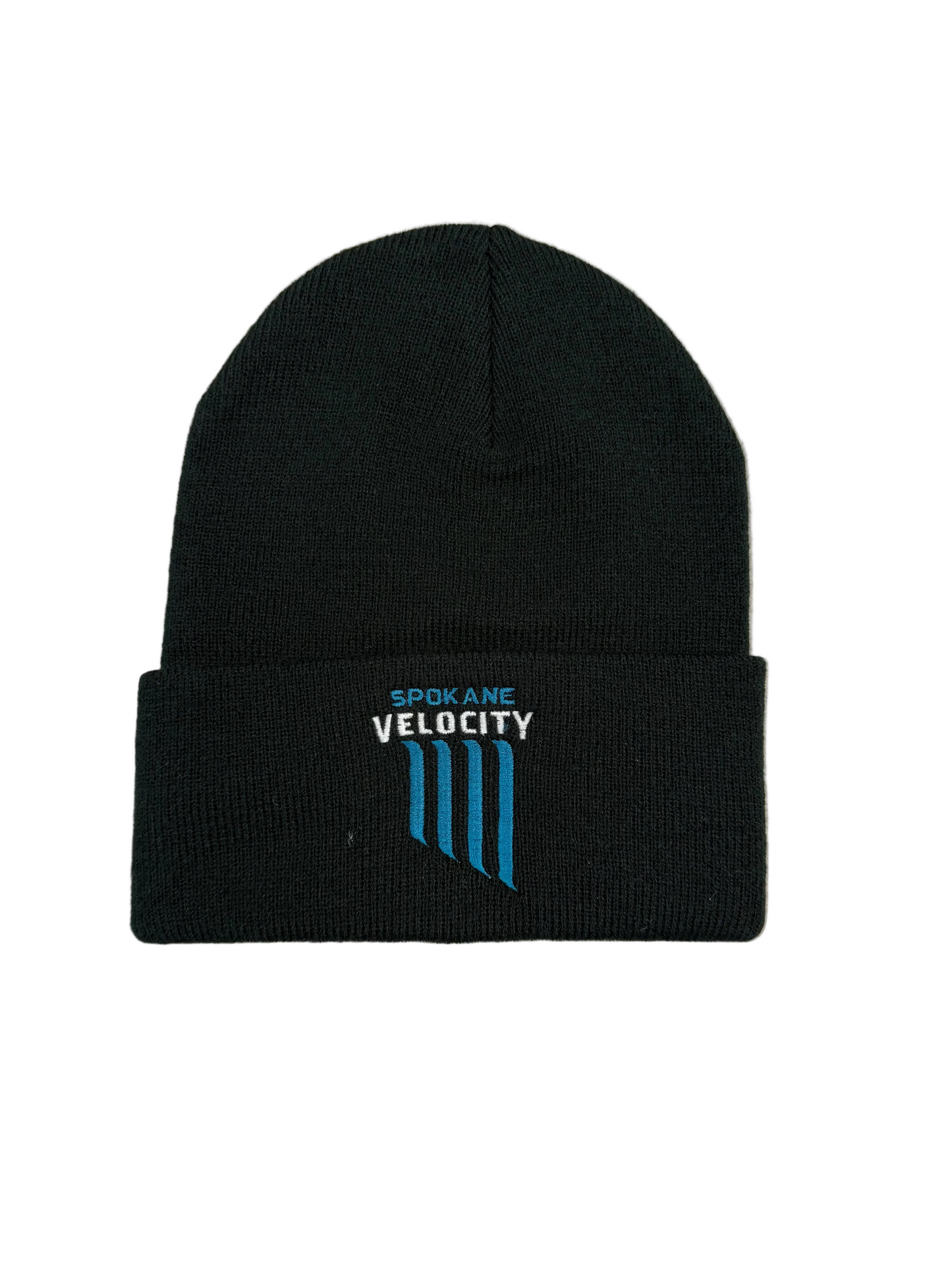 Black beanie with 'Spokane Velocity' logo on a white background