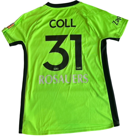 Green sports jersey with 'COLL 31 ROSAUERS' printed on it, laid flat on a white surface.