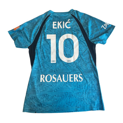 Blue sports jersey with 'EKIC' and number '10' on a white surface