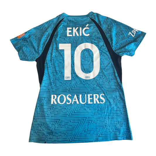 Blue sports jersey with 'EKIC' and number '10' on a white surface