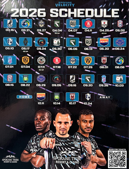 A promotional schedule graphic for Spokane Velocity, showing a 2026 soccer season calendar with team logos, home and away fixtures, and three Velocity players at the bottom.