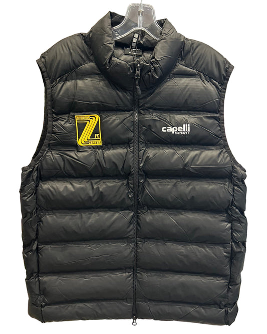 Black puffer vest with a gold Spokane Zephyr FC crest on a hanger